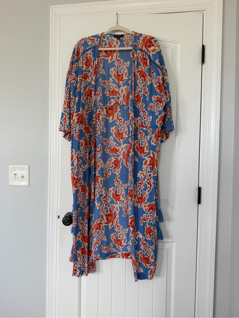 Boho Jessica Simpson Blue Floral Duster  Blouse Dark Orange Red